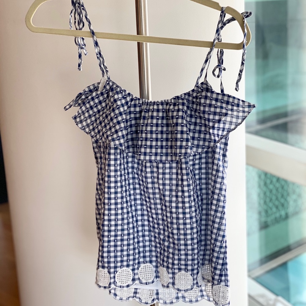 J. Crew Gingham Shoulder Tie Eyelet Tank